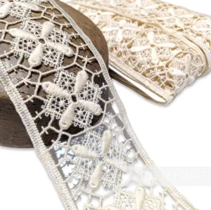 80mm Wide Diamond Pattern Cotton Fine Lace Trim - 1m