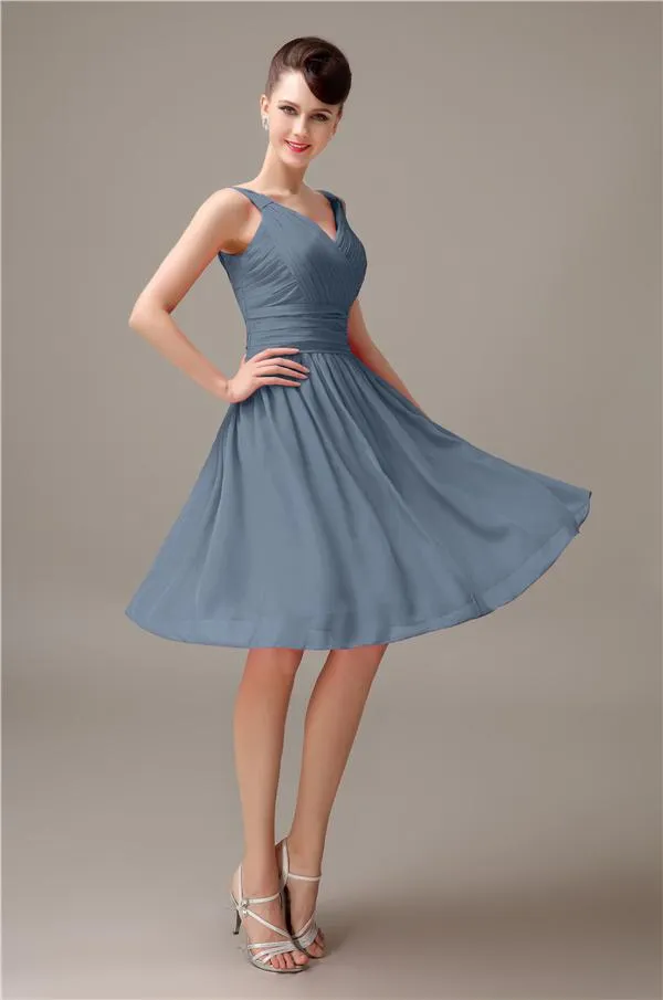 A-line Chiffon V-Neck Knee-Length Short Bridesmaid Dresses