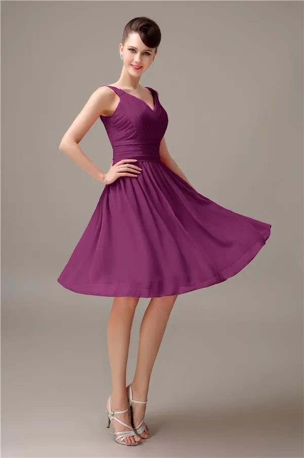 A-line Chiffon V-Neck Knee-Length Short Bridesmaid Dresses