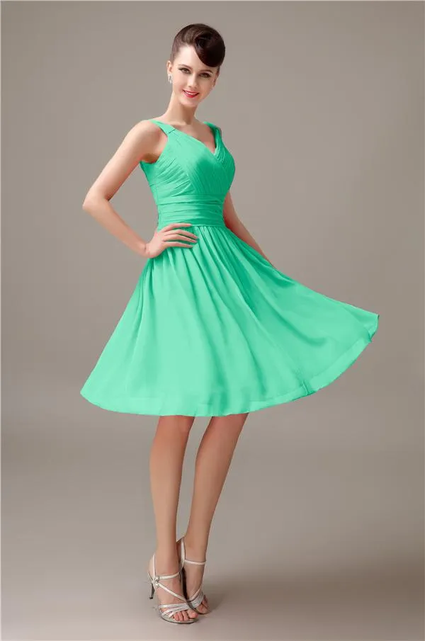 A-line Chiffon V-Neck Knee-Length Short Bridesmaid Dresses