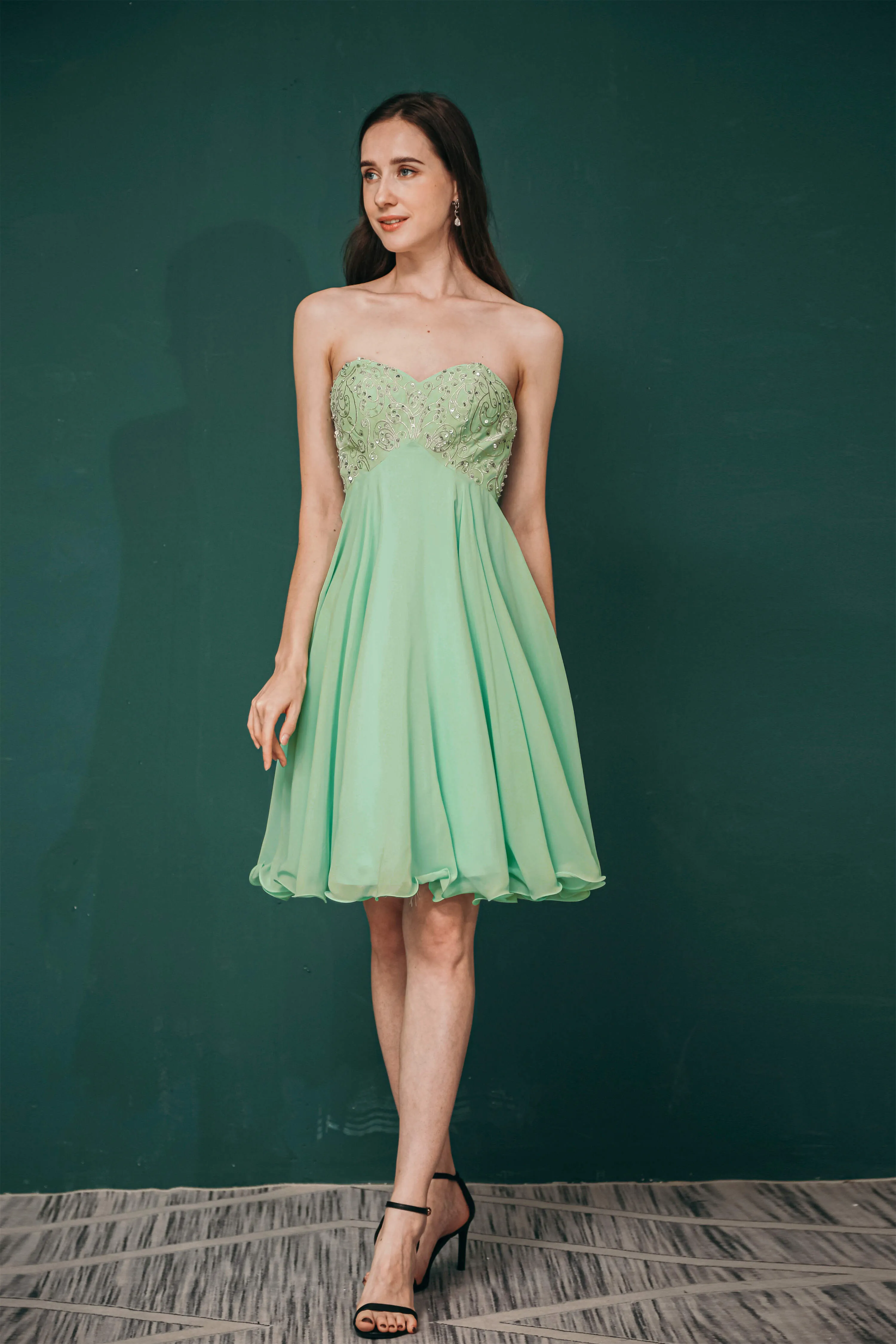 A-line Embroidery Chiffon Short Strapless Corset Back Beaded Homecoming Dresses