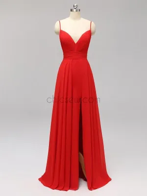 A-Line V-neck Side Slit Spaghetti Staps Simple Custom Bridesmaid Dresses,Long Prom Dresses LMX1117