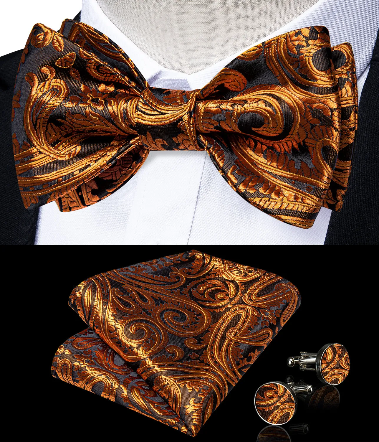 Black Golden Floral Self-Bowtie Pocket Square Cufflinks Set