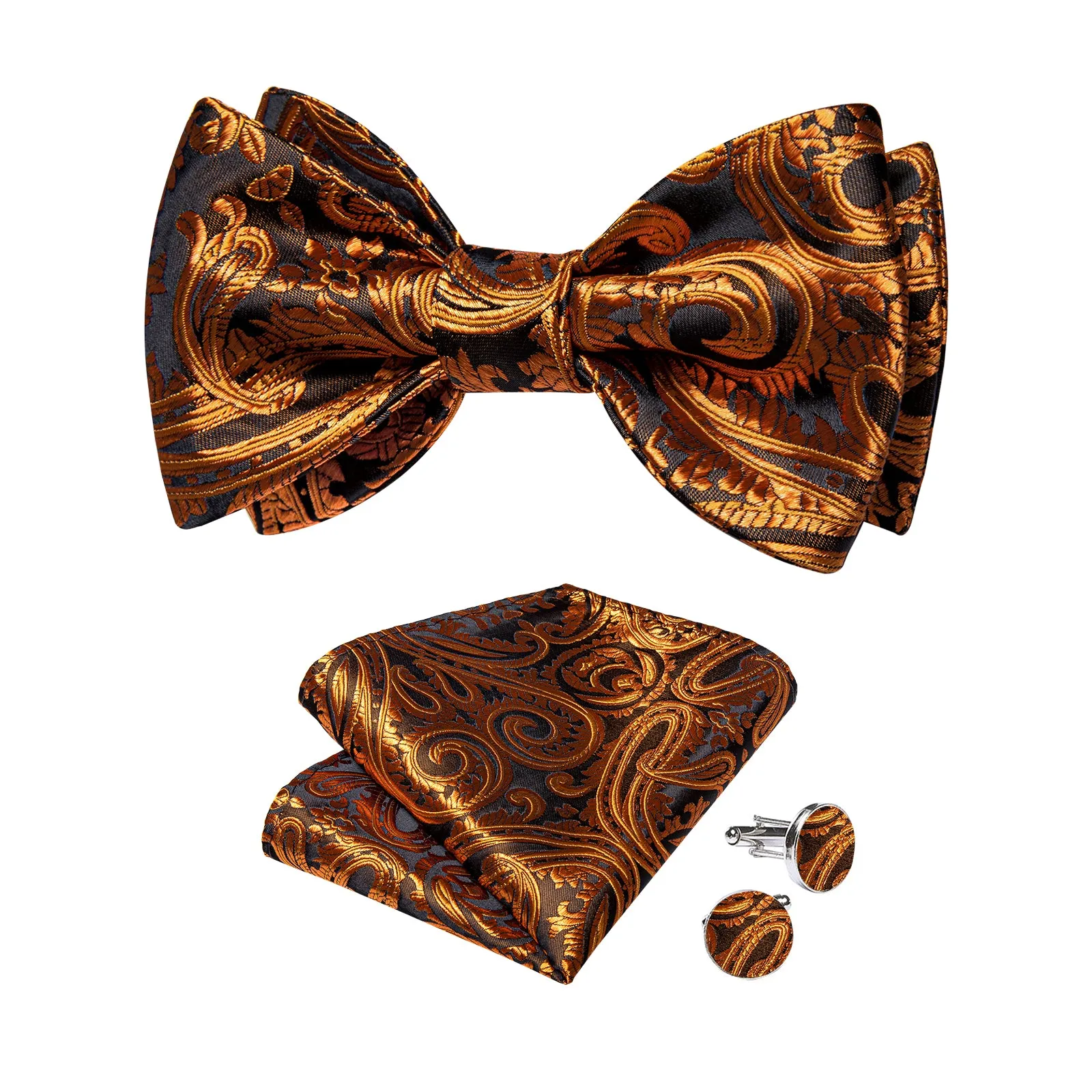 Black Golden Floral Self-Bowtie Pocket Square Cufflinks Set