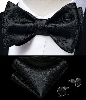 Black Paisley Self-Bowtie Pocket Square Cufflinks Set