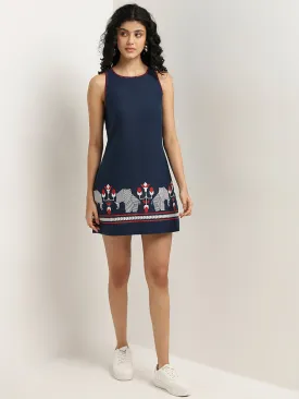 Bombay Paisley Navy Printed Straight Blended Linen Dress