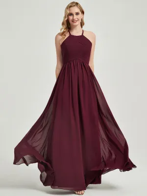 Burgundy Halter Pleated Keyhole Back Chiffon Bridesmaid Dress