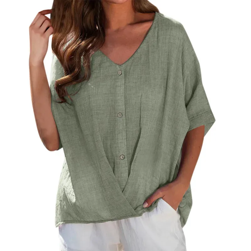 Casual Summer Cotton Linen V Neck Short Sleeve Women's Blouse