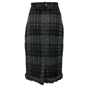 Chanel Black / Charcoal Grey / Silver / Gold Metallic 2008 Wool Tweed Skirt