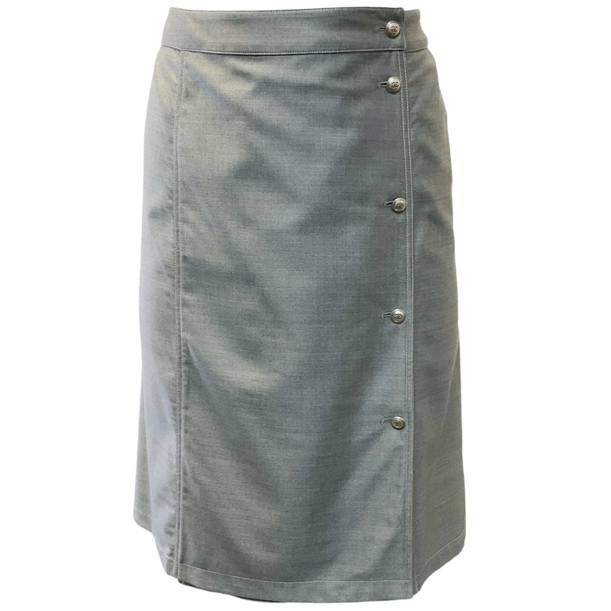 Chanel Silver Grey Wool and Silk Skirt with Buttons