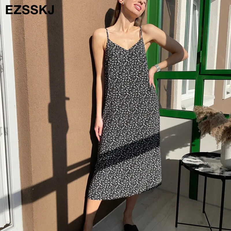 Christmas Gift A-line Spring summer  floral Deanwangkt Woman printed Stripe dress  Dress Casual Long Camisole dress Women Loose chiffon maix dress