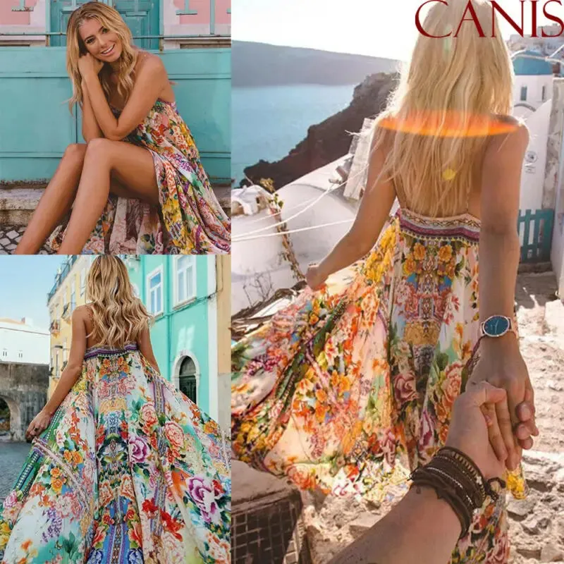 Cover-up Sun Sleeveless Floral Slit Long Prom Beach Maxi Women Boho Clothing Summer Fashion Dress