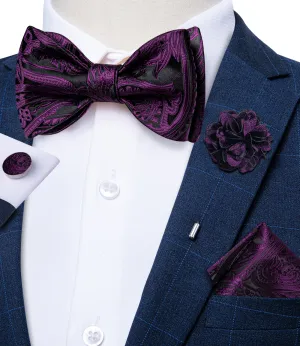 Dark Purple Floral Self-Bowtie Pocket Square Cufflinks Set With Brooch