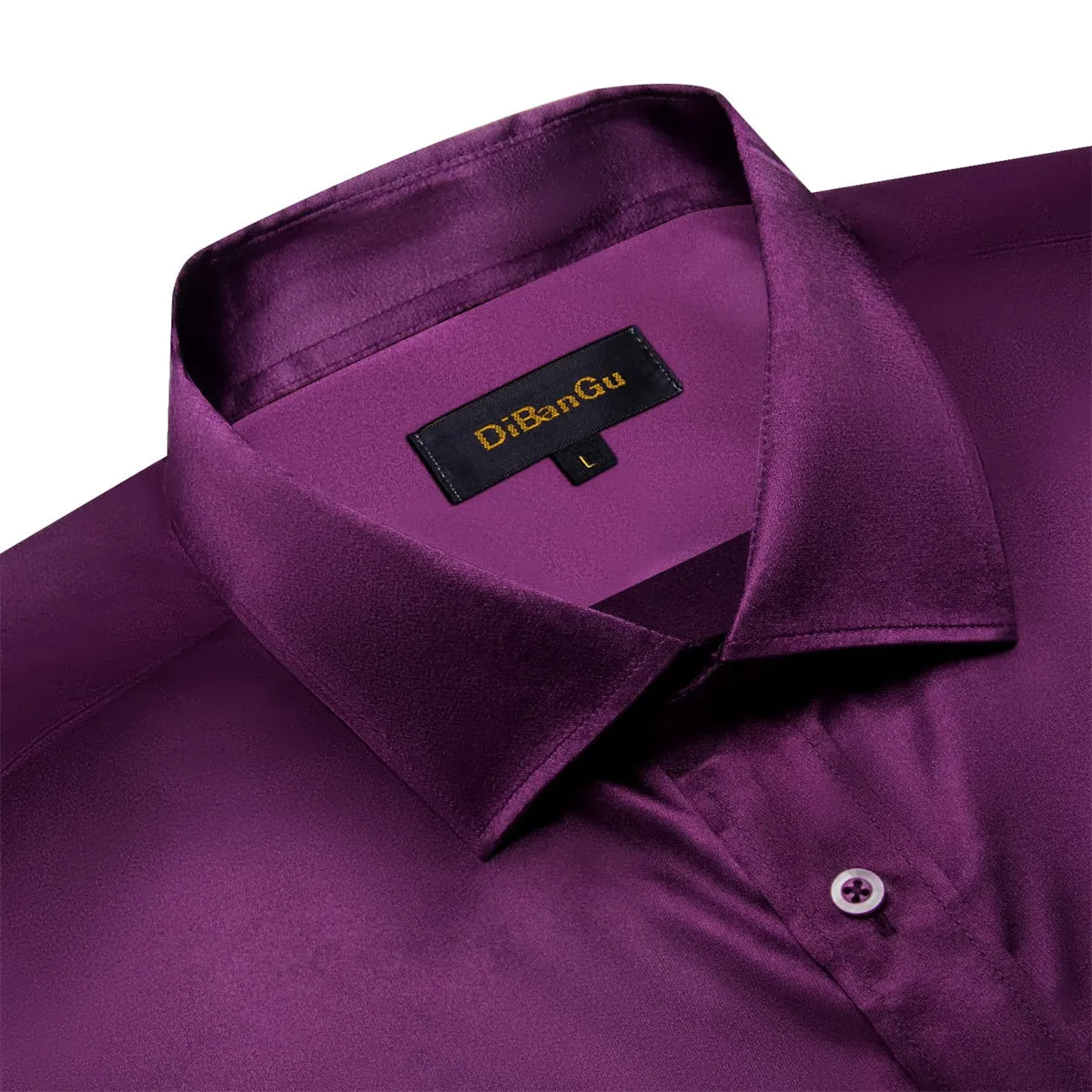 DiBanGu Dress Shirt Deep Purple Satin Solid Long Sleeve Button Up Shirt for Men