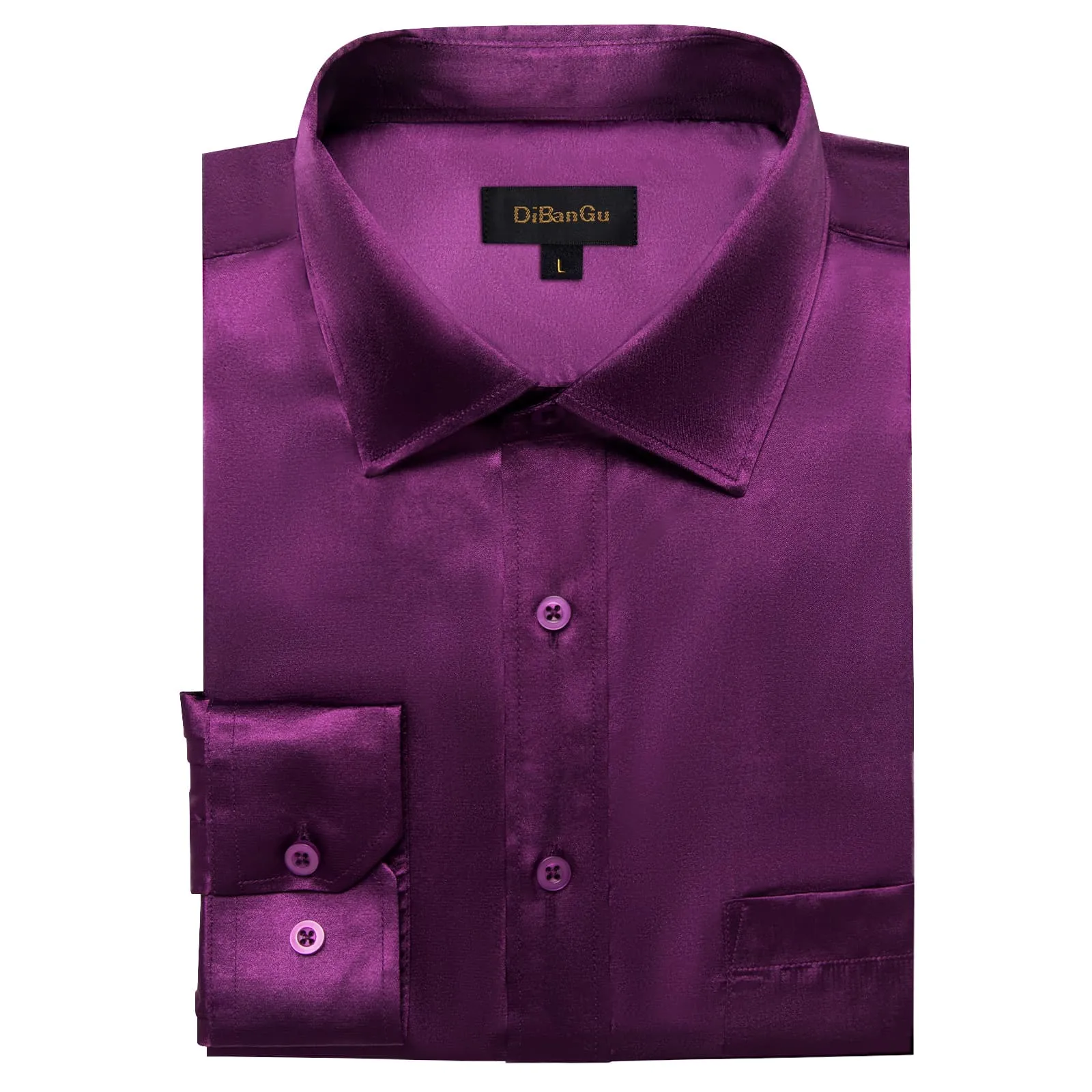 DiBanGu Dress Shirt Deep Purple Satin Solid Long Sleeve Button Up Shirt for Men