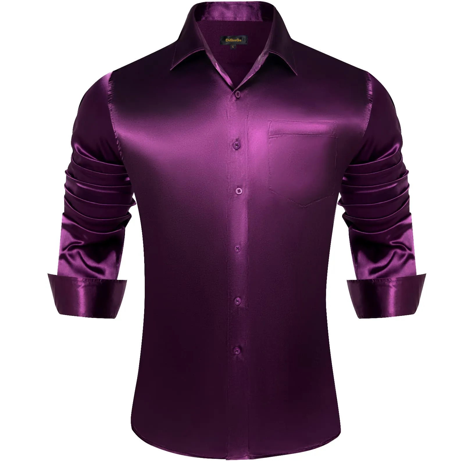 DiBanGu Dress Shirt Deep Purple Satin Solid Long Sleeve Button Up Shirt for Men