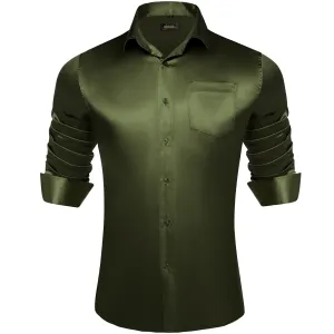 DiBanGu Long Sleeve Shirt Olive Drab Green Solid Satin Mens Dress Shirt