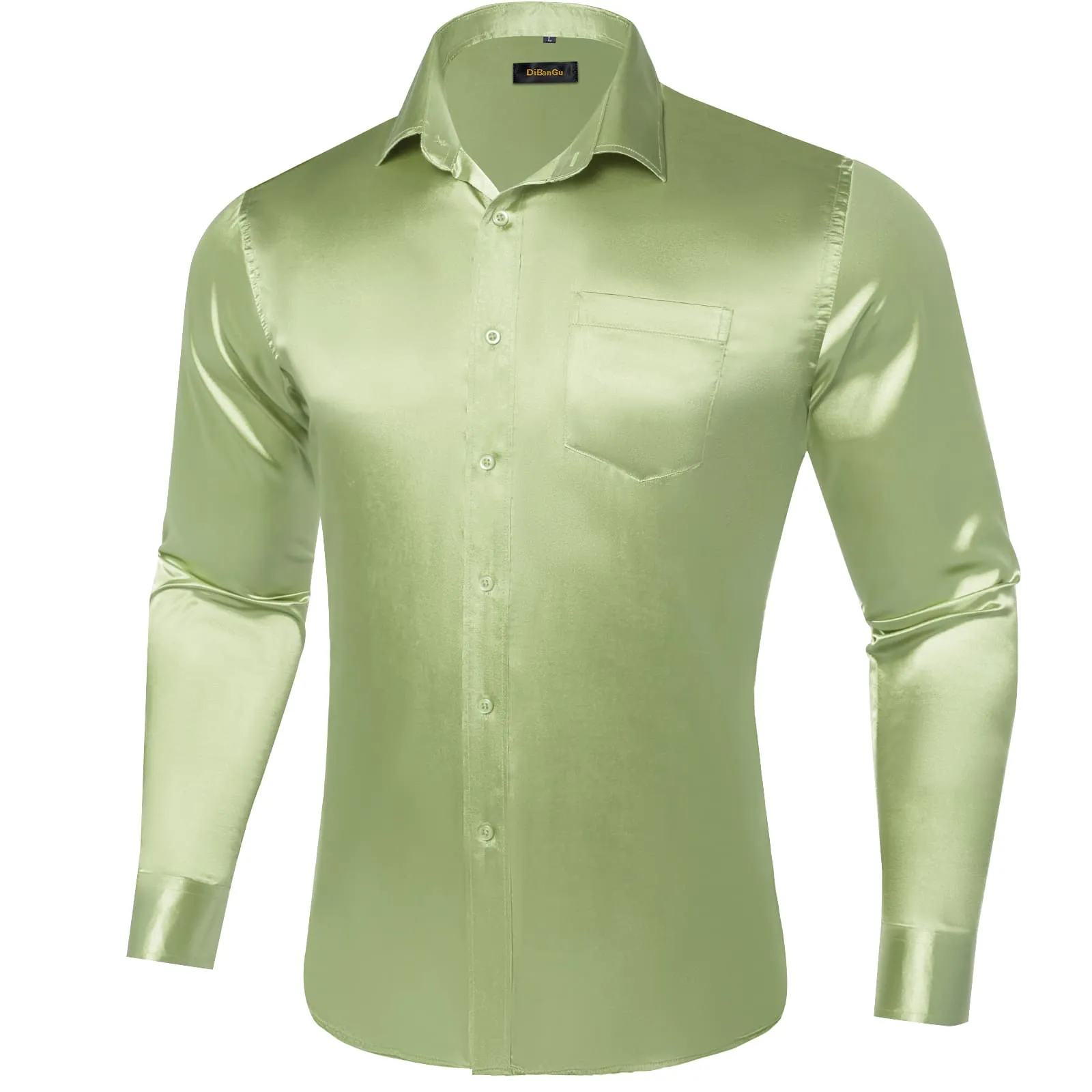 DiBanGu Long Sleeve Shirt Sage Green Solid Satin Mens Dress Shirt Top