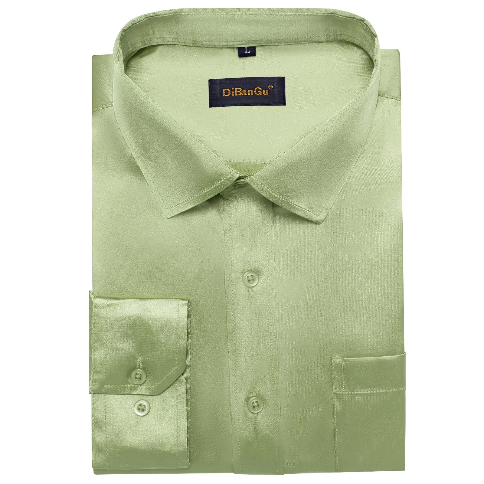 DiBanGu Long Sleeve Shirt Sage Green Solid Satin Mens Dress Shirt Top