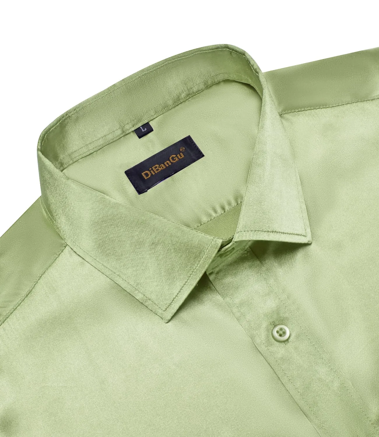 DiBanGu Long Sleeve Shirt Sage Green Solid Satin Mens Dress Shirt Top