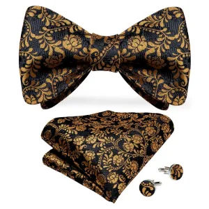 DiBanGu Self-Bow Tie Black Yellow Floral Men's Silk Bowtie Pocket Square Cufflinks Set