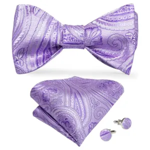 DiBanGu Self-Bow Tie Purple Paisley Men's Silk Bowtie Handkerchief Cufflinks Set