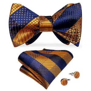 DiBanGu Self-Bow Tie Yellow Blue Plaid Men's Silk Bowtie Pocket Square Cufflinks Set