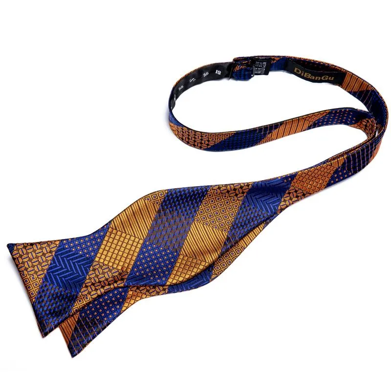 DiBanGu Self-Bow Tie Yellow Blue Plaid Men's Silk Bowtie Pocket Square Cufflinks Set