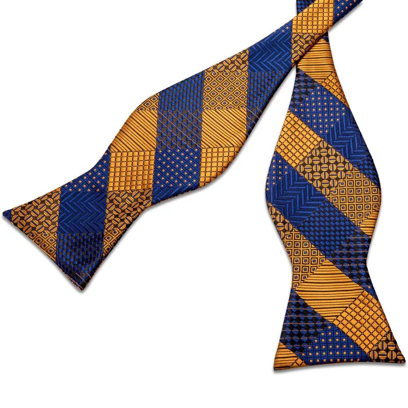 DiBanGu Self-Bow Tie Yellow Blue Plaid Men's Silk Bowtie Pocket Square Cufflinks Set