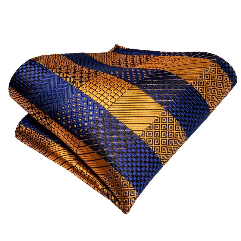 DiBanGu Self-Bow Tie Yellow Blue Plaid Men's Silk Bowtie Pocket Square Cufflinks Set