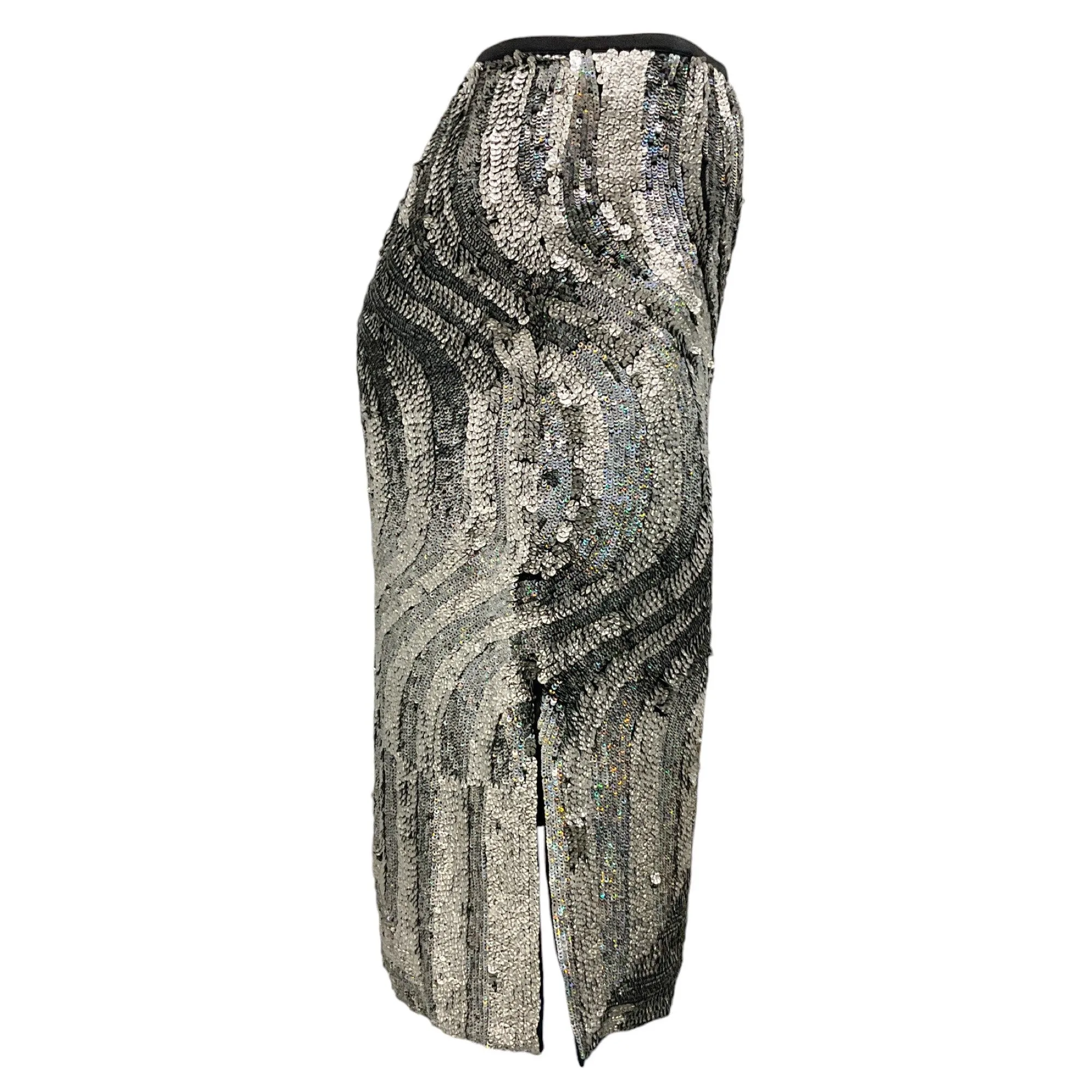 Dries Van Noten Silver Metallic Hologram Sequined Silk Skirt