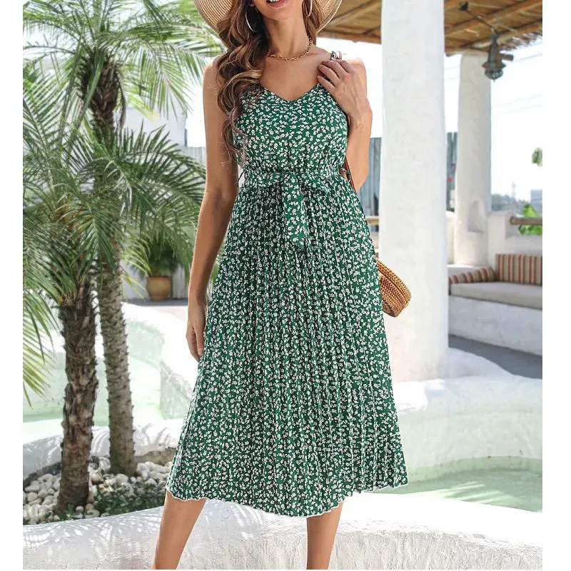 Floral Print Pleated Summer Midi Dress - Casual V-Neck High Waist Lace Up A-Line