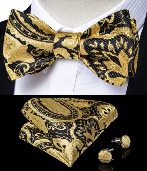 Gold Black Paisley Self-Bowtie Pocket Square Cufflinks Set