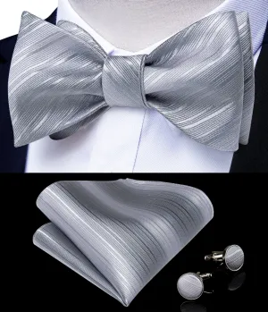 Grey Plaid Silk Self-Bowtie Pocket Square Cufflinks Set