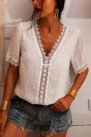 Lace V Neck Puff Short Sleeves Blouses