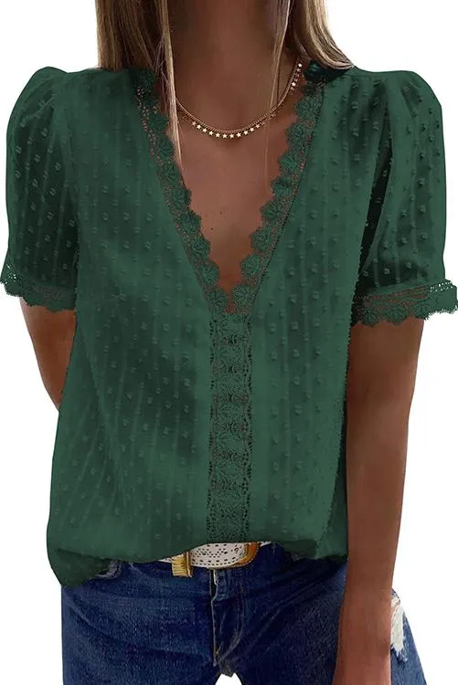 Lace V Neck Puff Short Sleeves Blouses