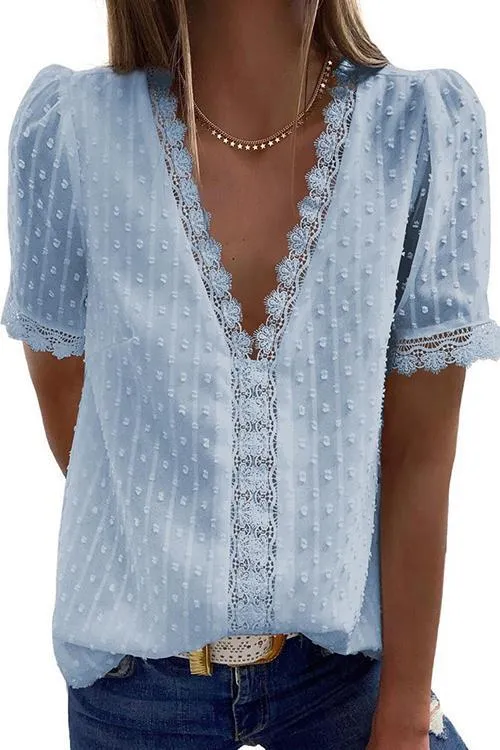 Lace V Neck Puff Short Sleeves Blouses