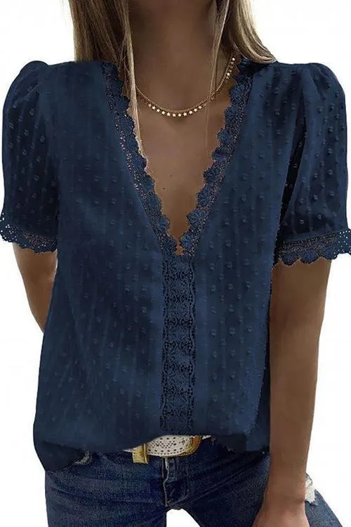 Lace V Neck Puff Short Sleeves Blouses