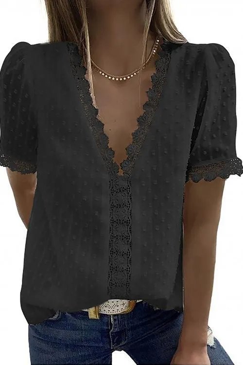 Lace V Neck Puff Short Sleeves Blouses