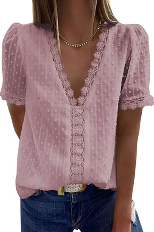 Lace V Neck Puff Short Sleeves Blouses