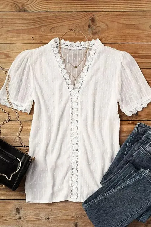 Lace V Neck Puff Short Sleeves Blouses