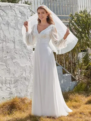 Long Sleeve Appliqued Chiffon Elopement Wedding Dress