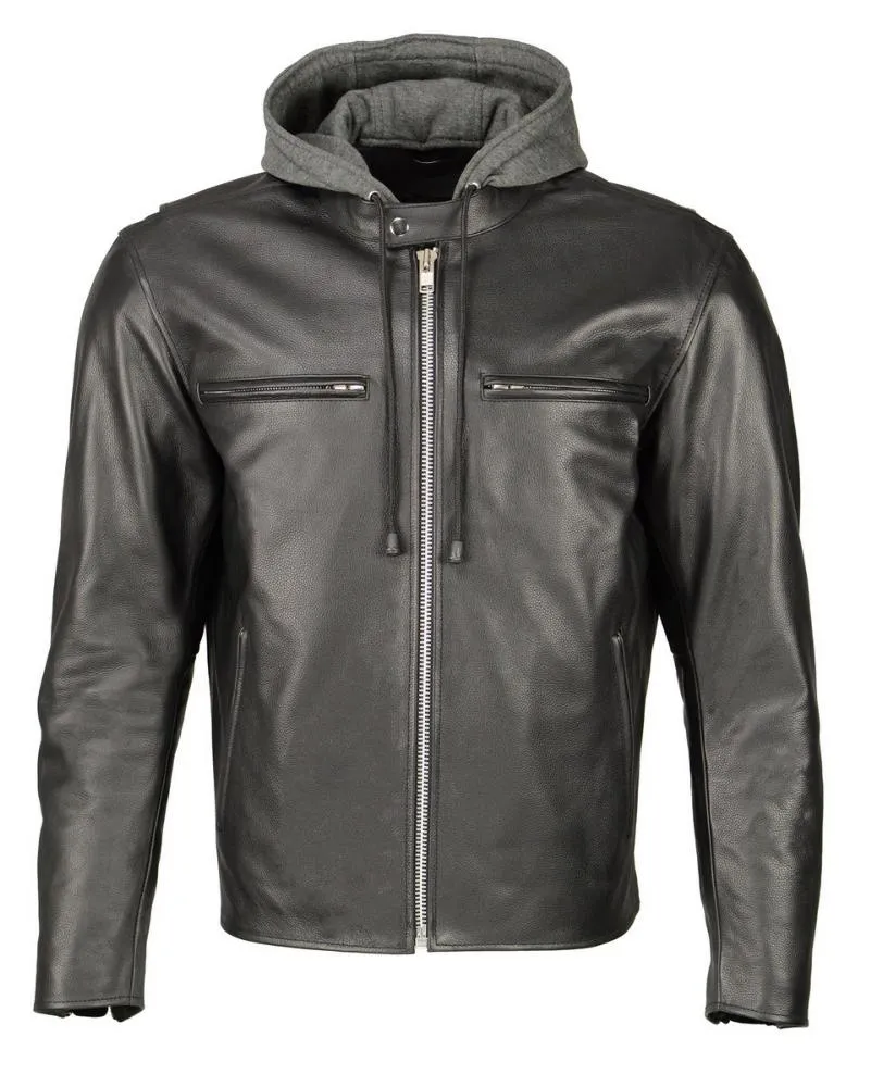 M Boss Motorcycle Apparel BOS11502 Men's Black Armored Leather Scooter Jacket with Removable Hood