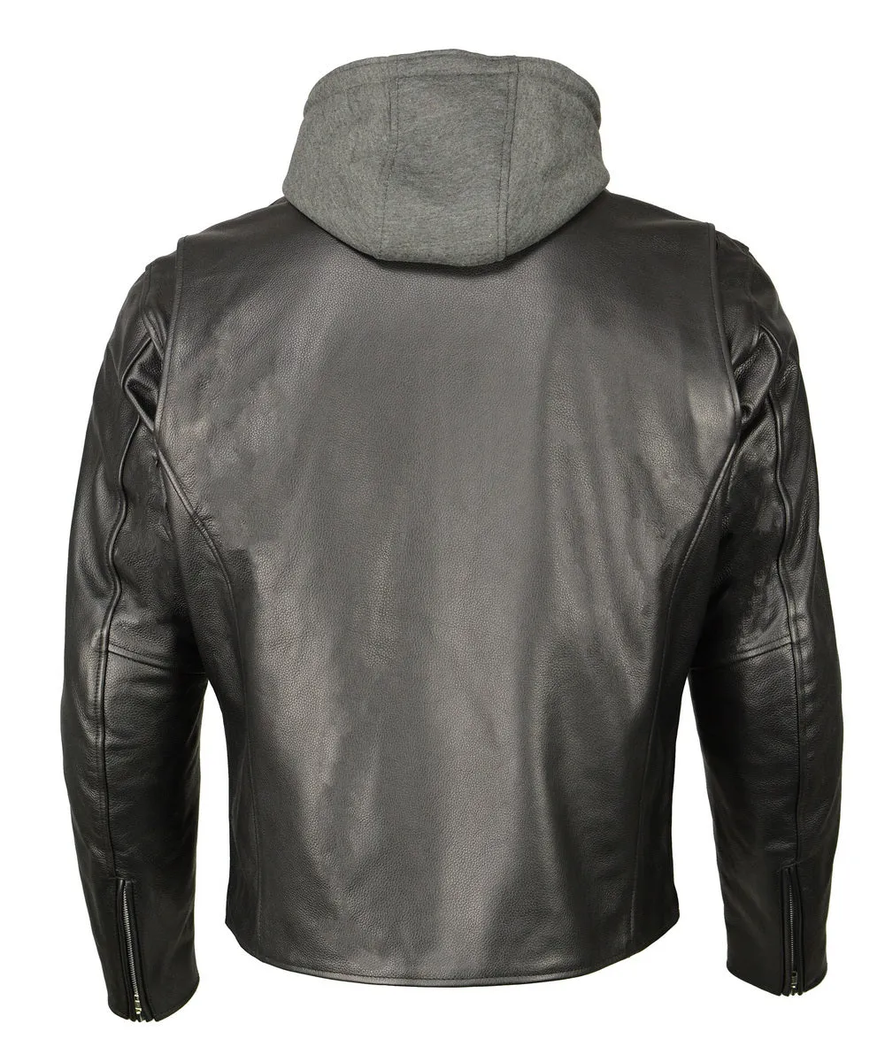 M Boss Motorcycle Apparel BOS11502 Men's Black Armored Leather Scooter Jacket with Removable Hood