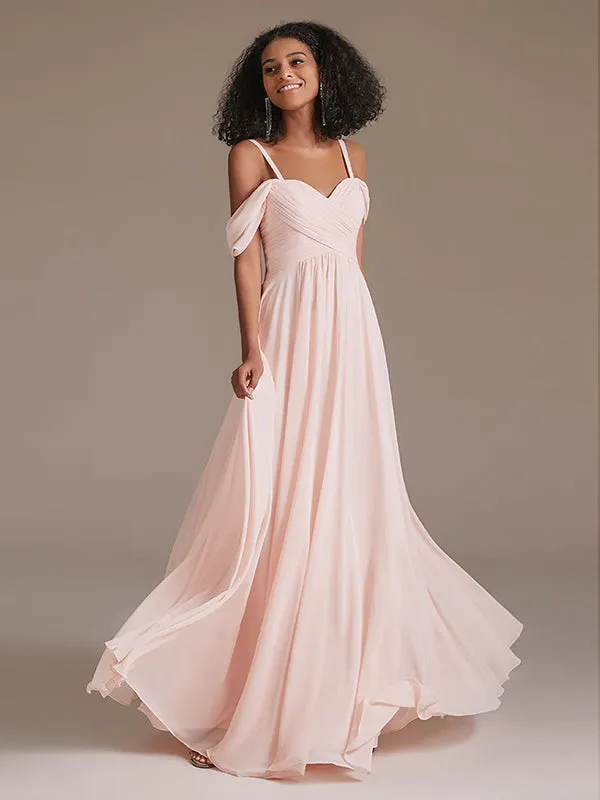 Off Shoulder Pink Long Pleated  Bridesmaid Dresses