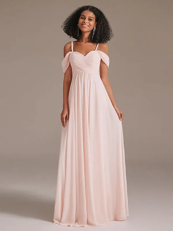 Off Shoulder Pink Long Pleated  Bridesmaid Dresses