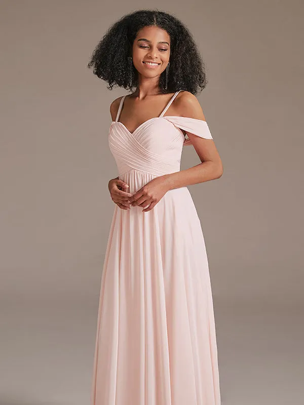 Off Shoulder Pink Long Pleated  Bridesmaid Dresses