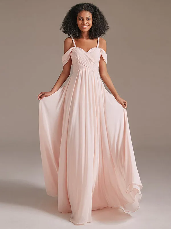 Off Shoulder Pink Long Pleated  Bridesmaid Dresses