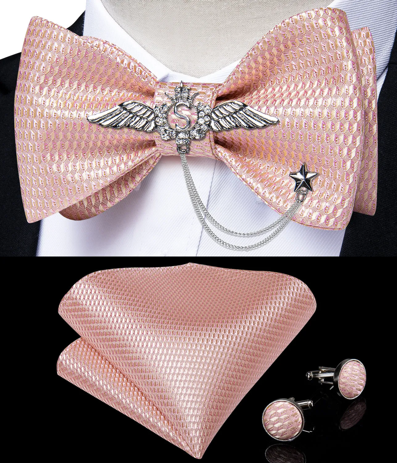 Pink Plaid Self-Bowtie Pocket Square Cufflinks With Wing Lapel Pin