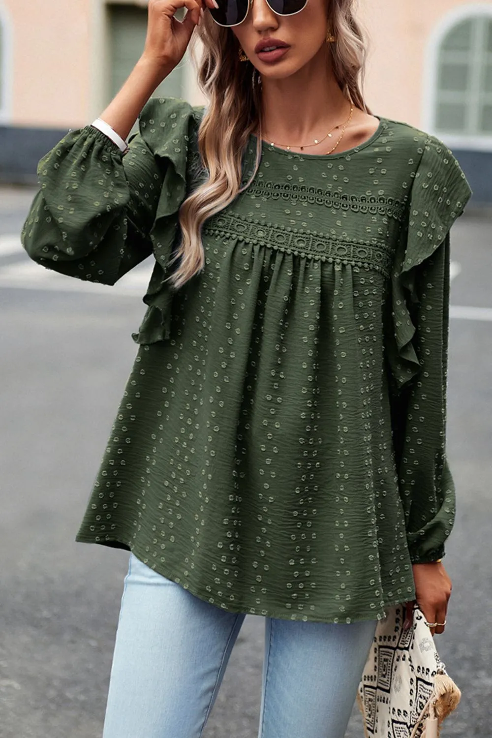 Ruffle Trim Balloon Sleeve Blouse